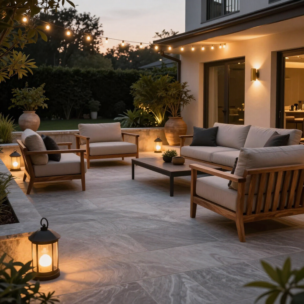 Cozy outdoor patio at dusk with wicker seating, lanterns, warm lights, and a house facade
