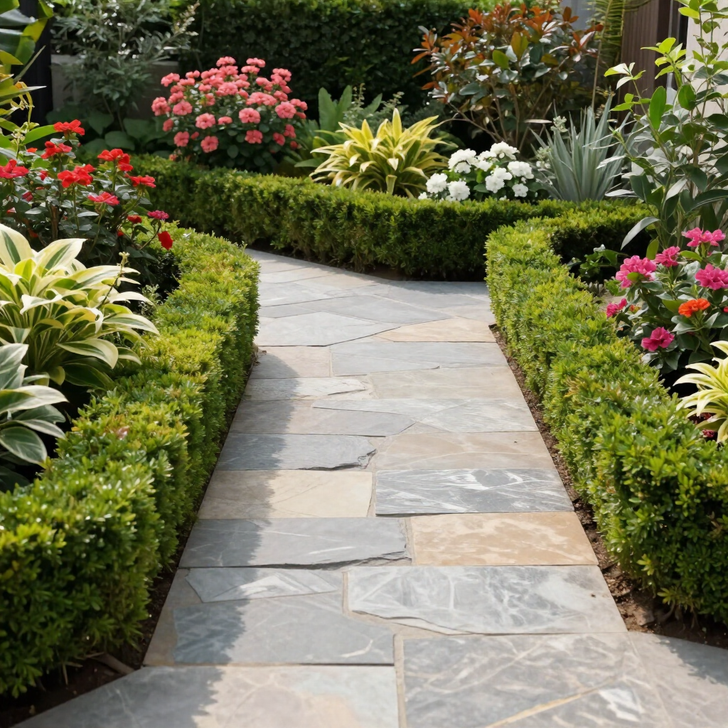 Curved stone path through a manicured garden with hedges and blooming pink, white, and yellow flowers