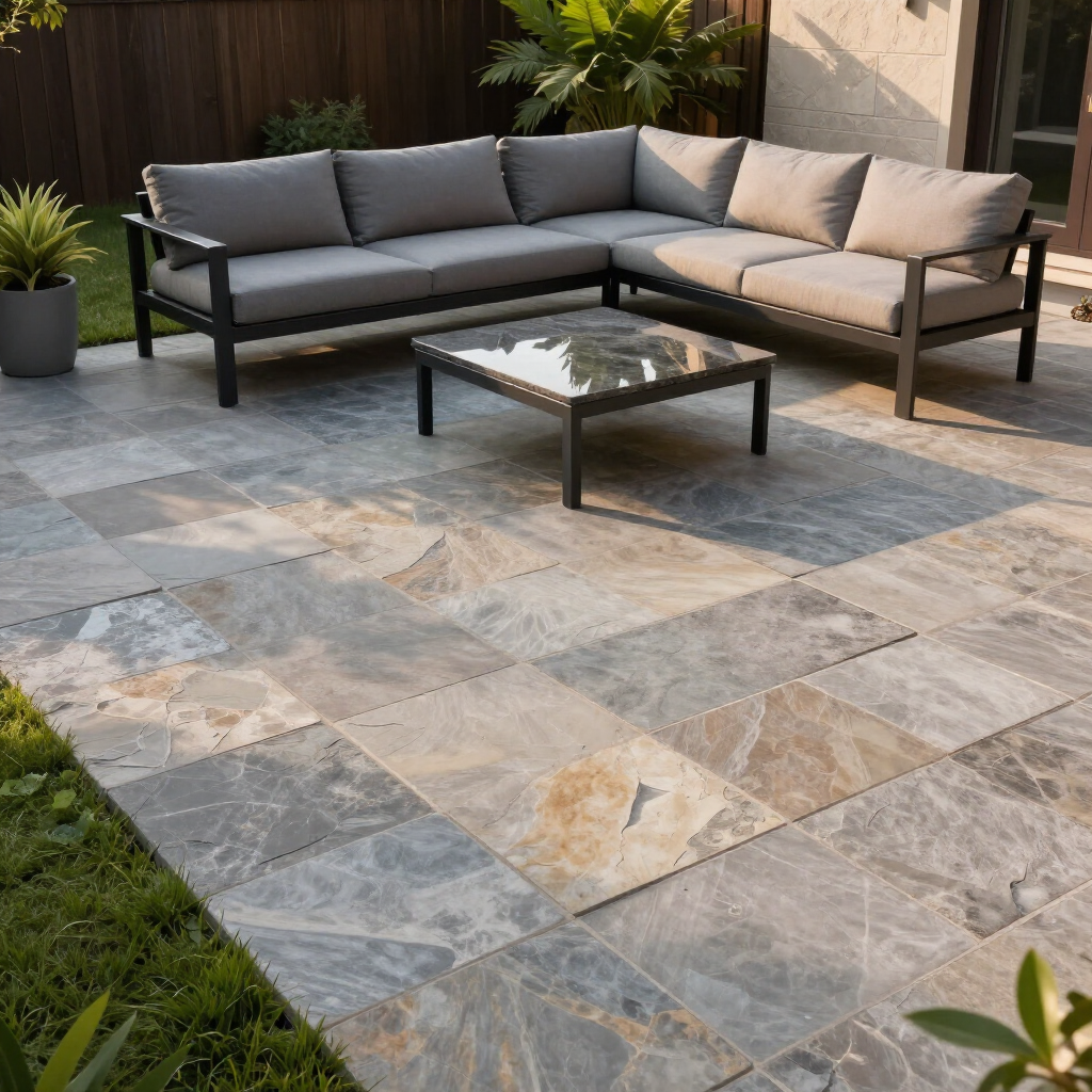 Modern outdoor patio with gray sectional sofa, glass coffee table, and stone tile flooring in a garden setting