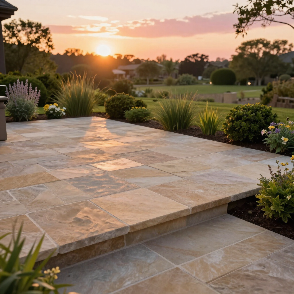 Stone patio terrace at sunset with landscaped garden and distant rolling hills