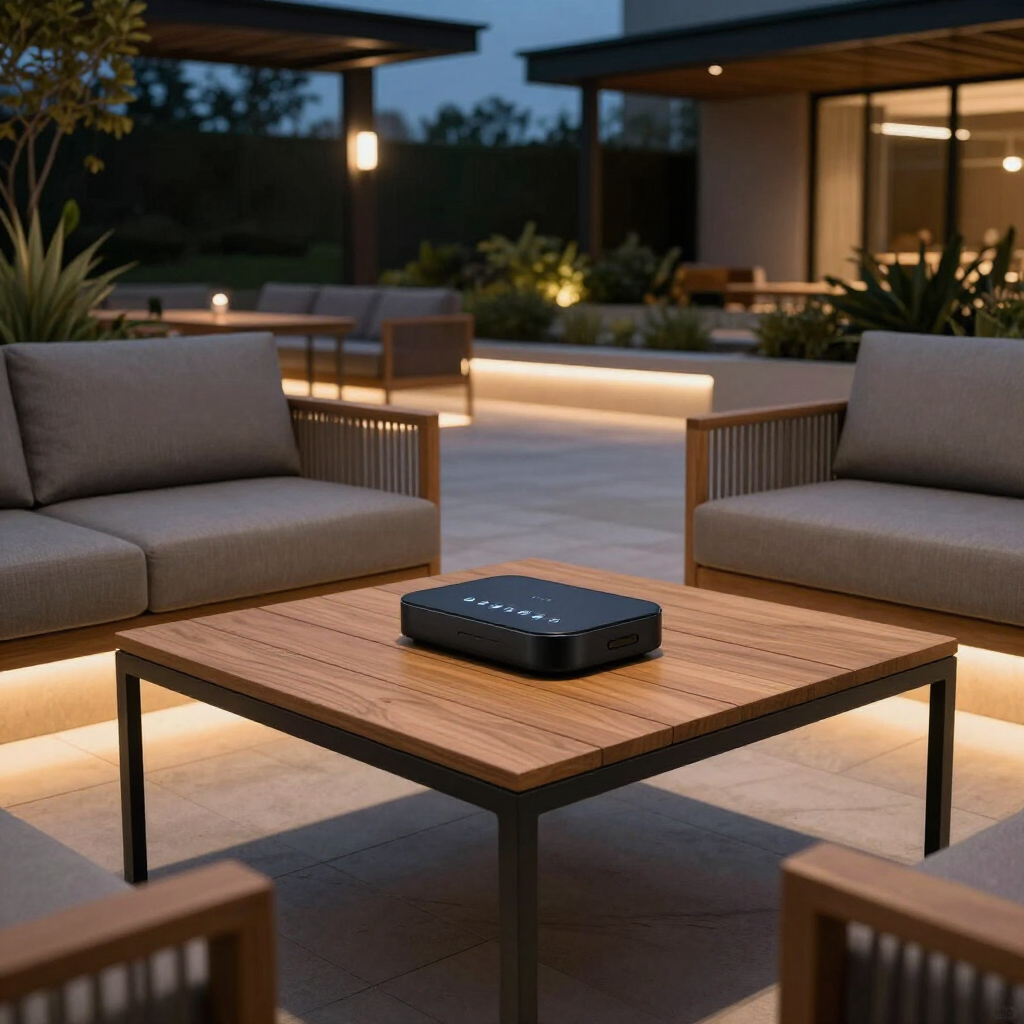 Modern patio lounge with two gray sofas and a wooden coffee table holding a small black device.