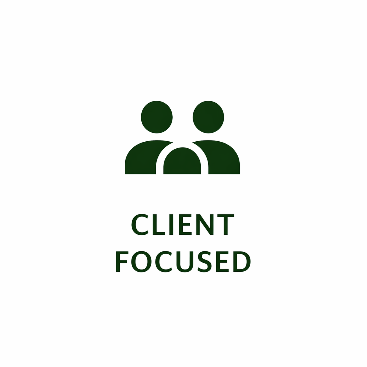 Green icon of two people above the words “CLIENT FOCUSED” on a white background