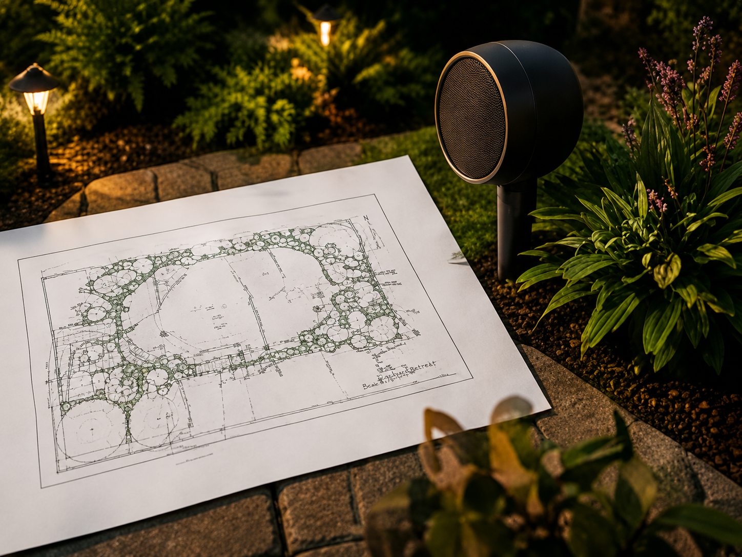 Landscape lighting plan beside a lit garden bed with shrubs and a round path light at night