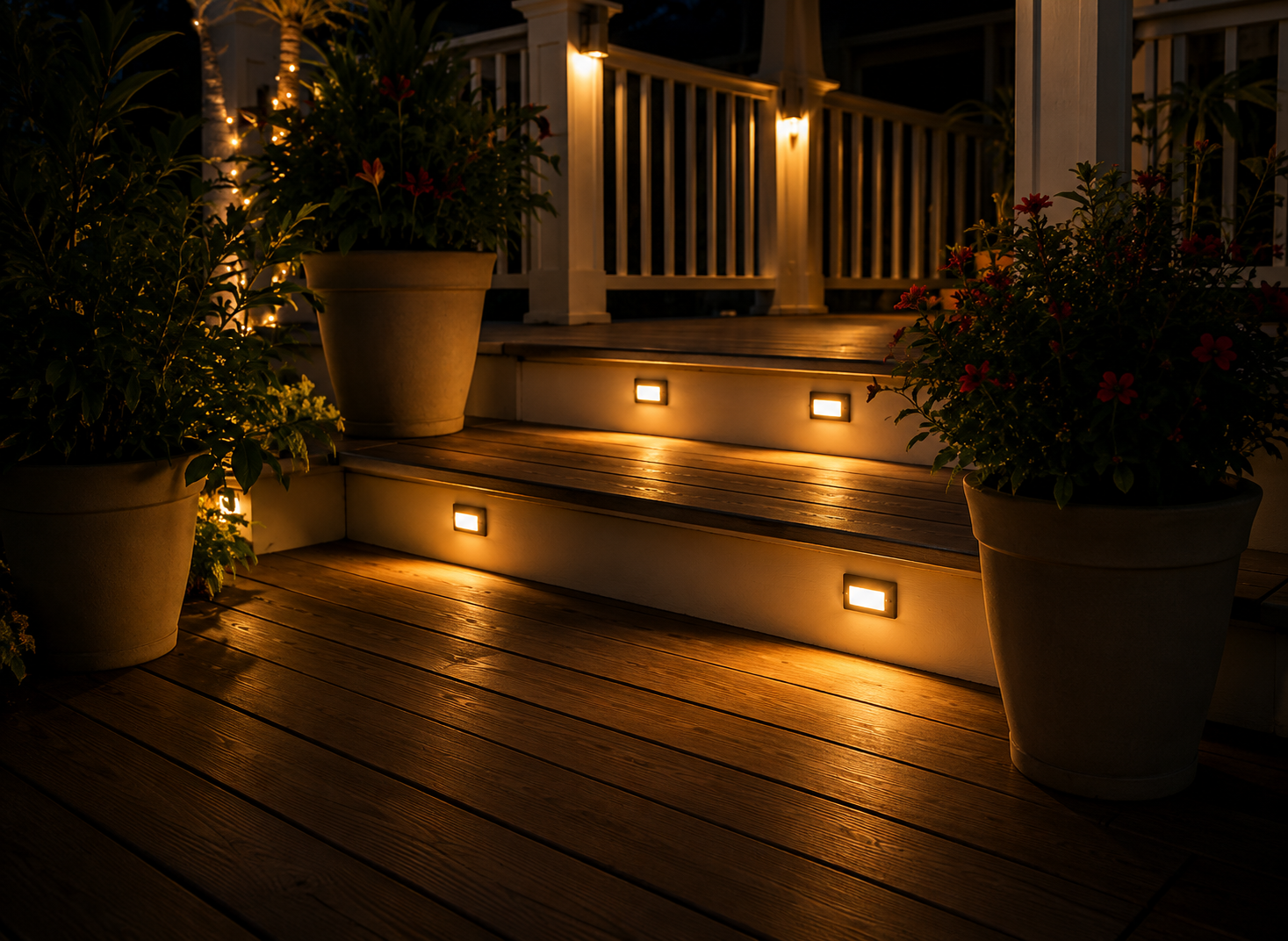 Warmly lit front steps and porch at night with potted plants and wooden railing