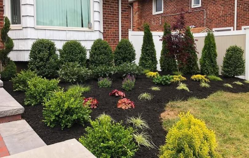 Front yard landscaping with shrubs, colorful flowers, and mulch beside a brick house