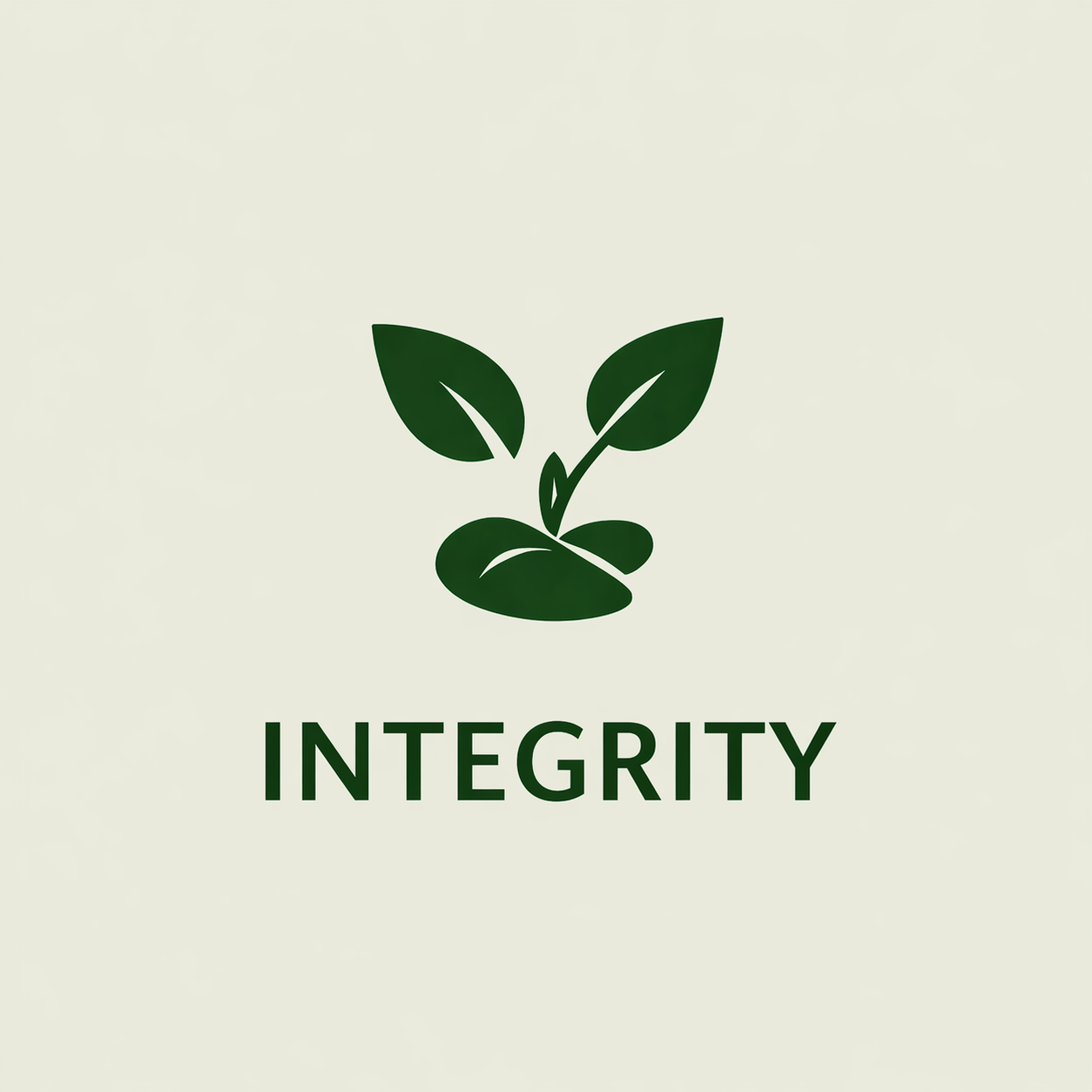 Green leaf sprout icon above the word “INTEGRITY” on a light background