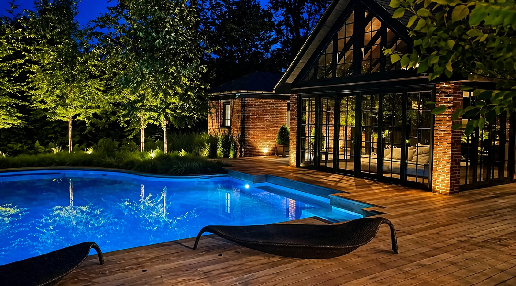 Nighttime backyard pool with blue lighting beside a glass-walled house and wooden deck