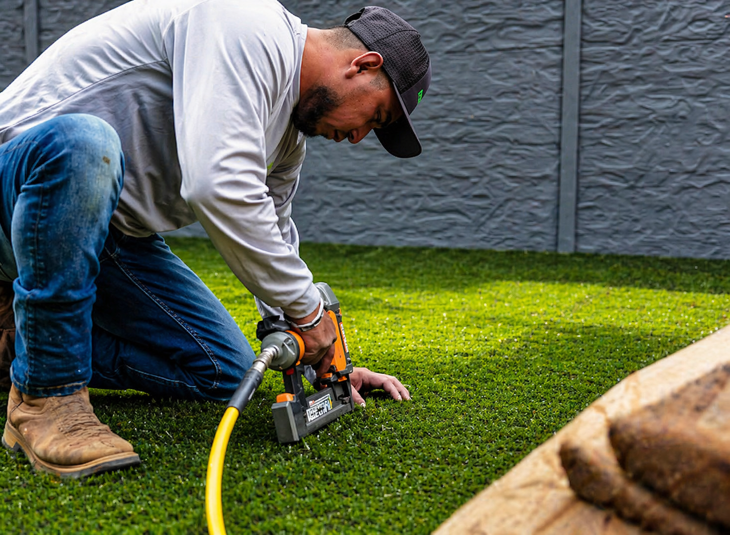 Person kneeling on grass using a hose and tool to work on the lawn