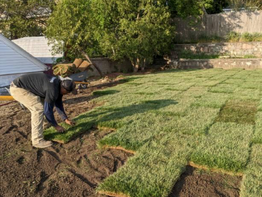 Person laying sod in a sunny backyard, with stacked grass rolls and a stone wall in the background