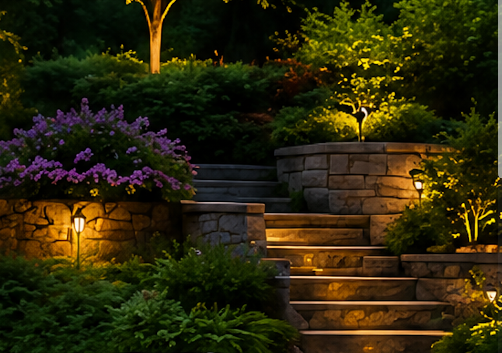 Garden stone steps lit by warm lights, surrounded by lush greenery and purple flowers at dusk