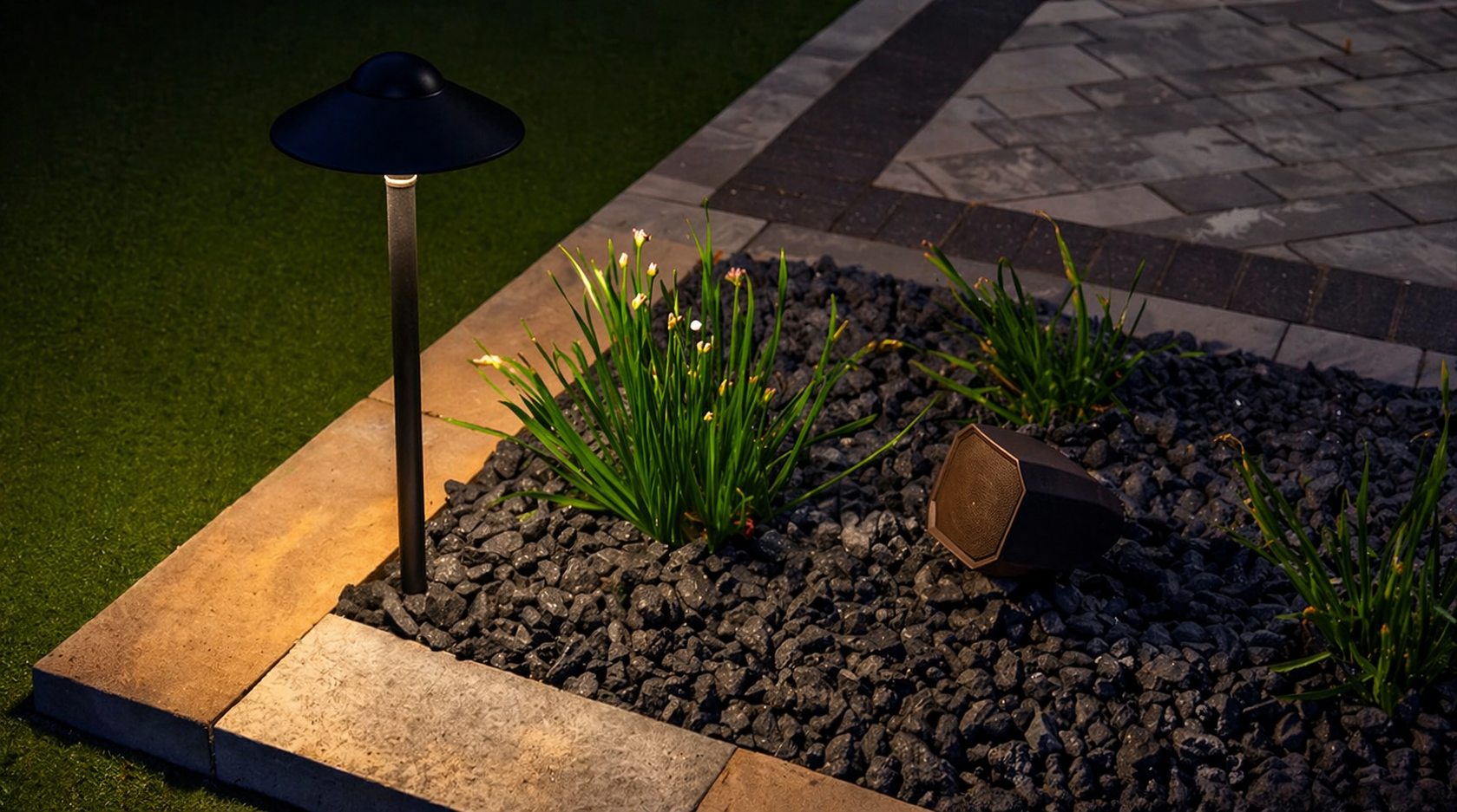 Solar garden light beside a stone path, illuminating mulch, grass, and small shrubs at dusk