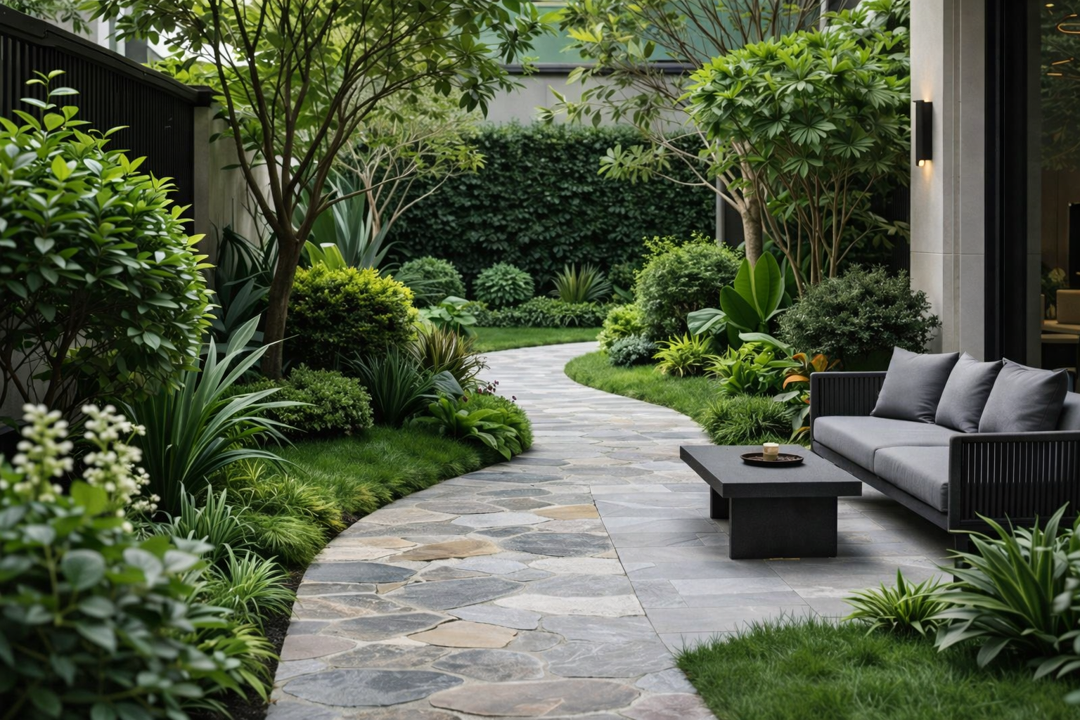 Modern garden patio with stone path, lush greenery, and a gray outdoor sofa
