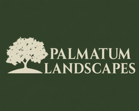 Palmatum Landscapes logo with cream tree icon and text on dark green background