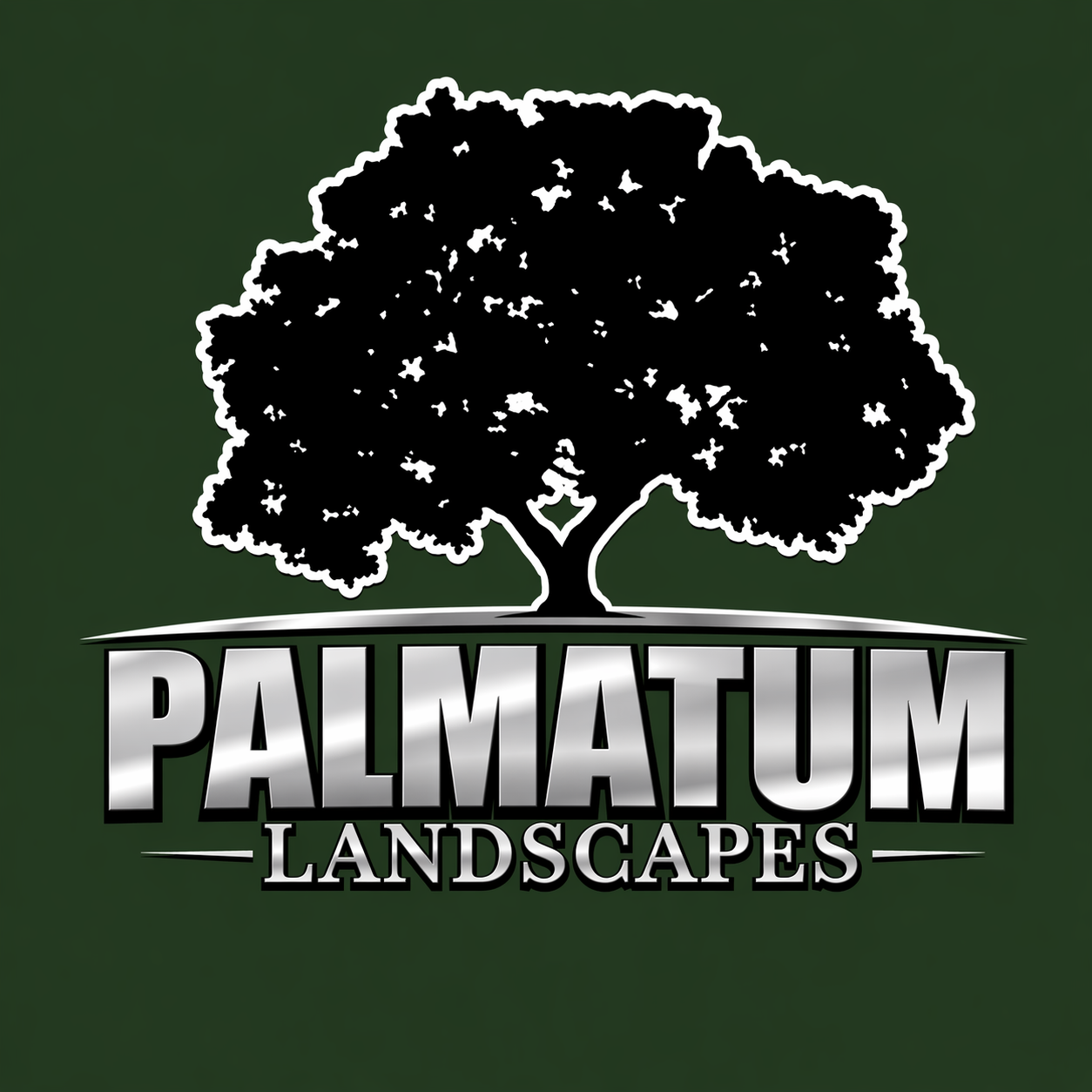 Palm tree logo above the words “PALMATUM LANDSCAPES” on a dark green background