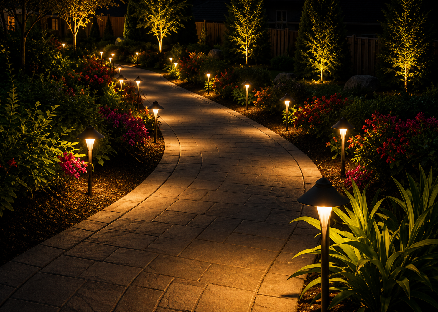 Lit garden path curving through landscaped beds with warm lights at night