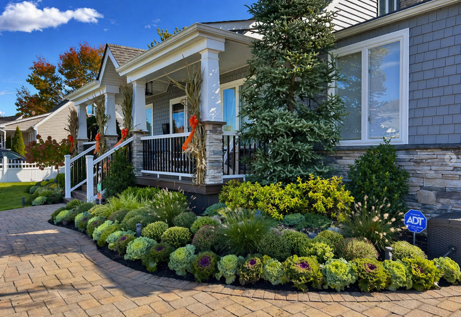 Front porch of a gray house with white columns, potted flowers, and a landscaped garden beside a stone walkway
