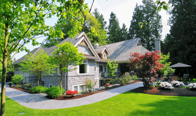 Landscaped suburban house with gray roof, white siding, green lawn, and blooming shrubs