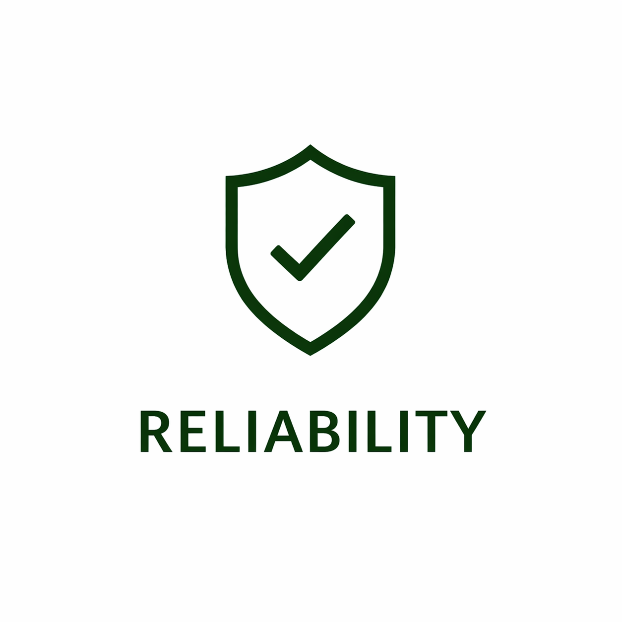 Green shield with checkmark icon above the word “RELIABILITY”