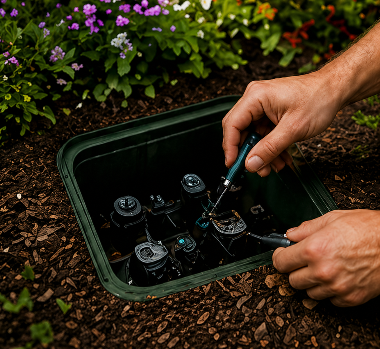 Hand placing a sprinkler valve in a green outdoor irrigation box beside flowers and mulch