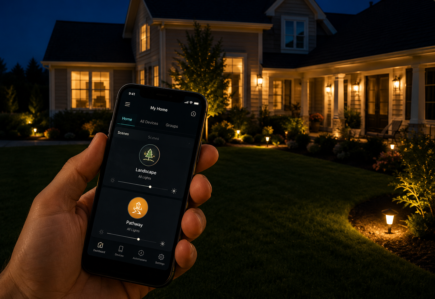 Hand holding a smartphone app to control warm-lit house lights at night
