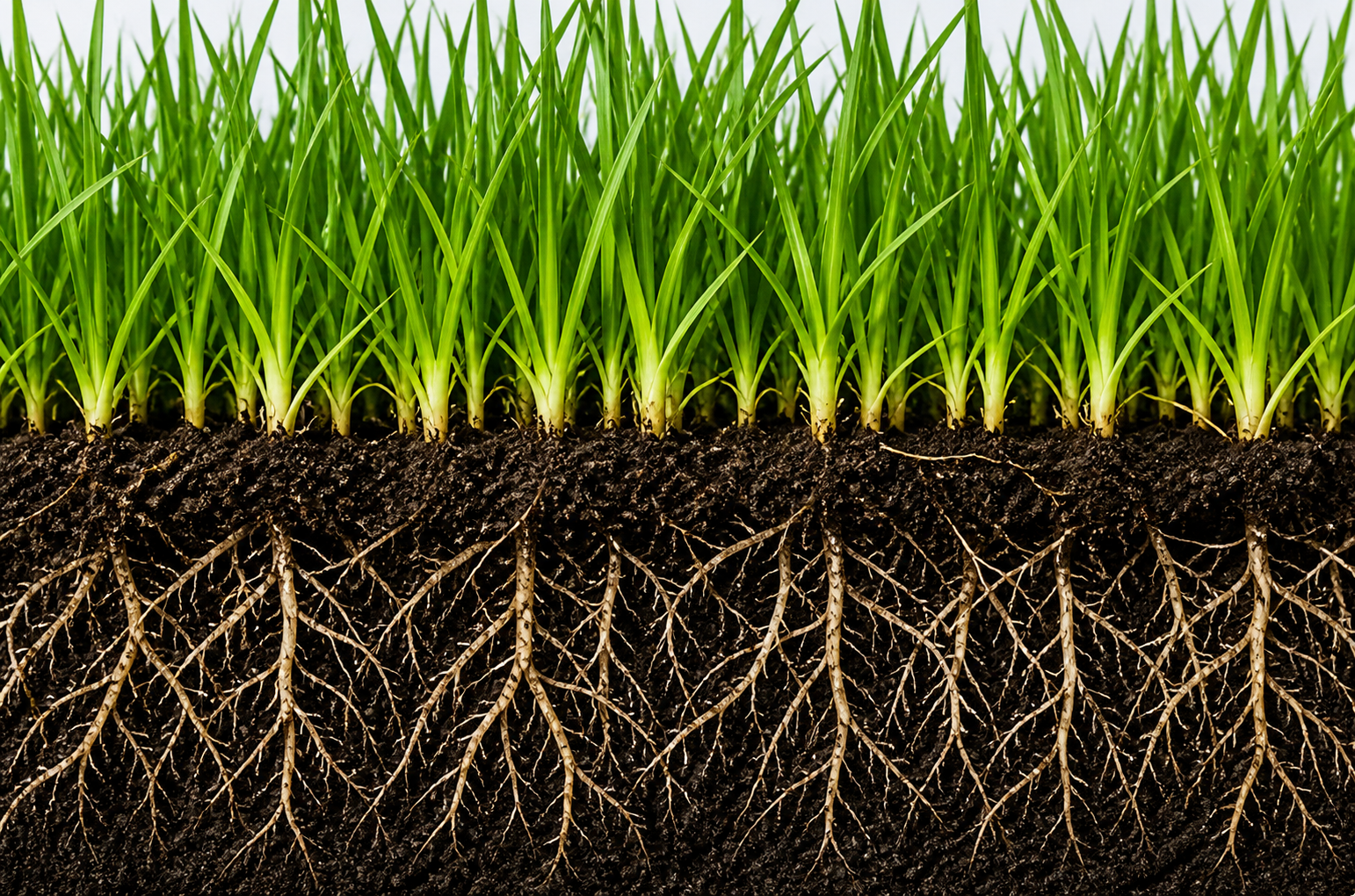 Green grass growing above exposed roots in soil cross-section