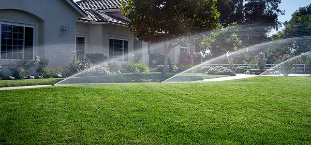 Sprinklers watering a lush green lawn in front of a house on a sunny day