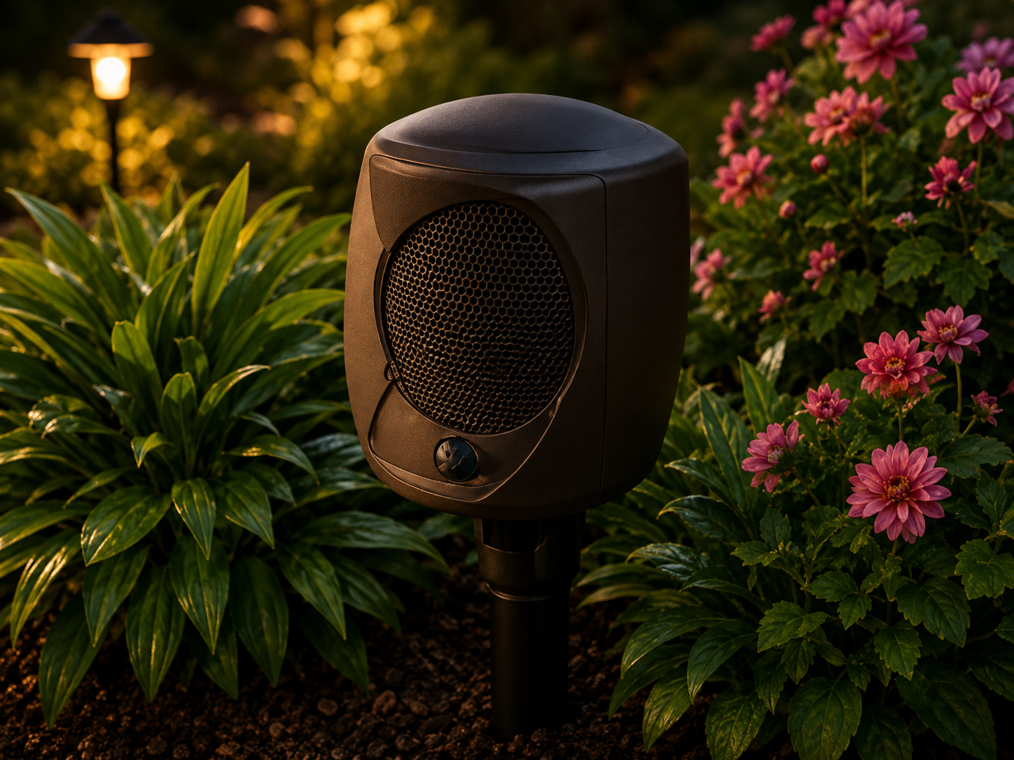 Outdoor black speaker in a garden at dusk, surrounded by green shrubs and pink flowers.