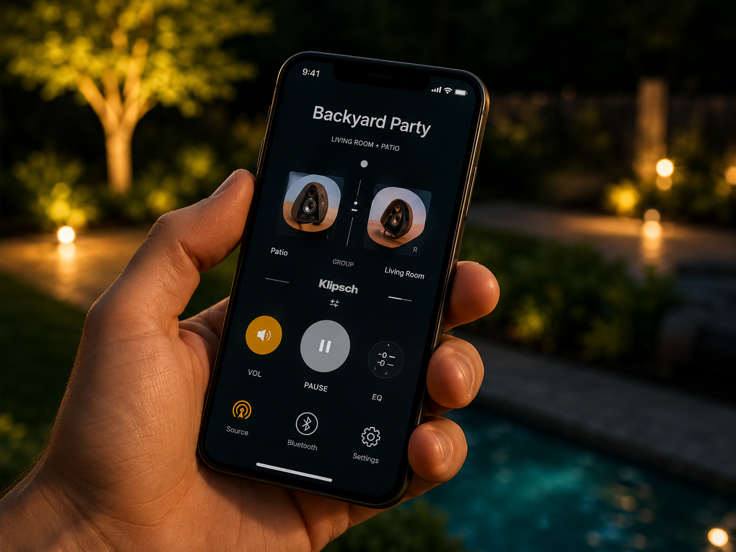 Hand holding a smartphone with a dark app screen over a lit backyard pool at night
