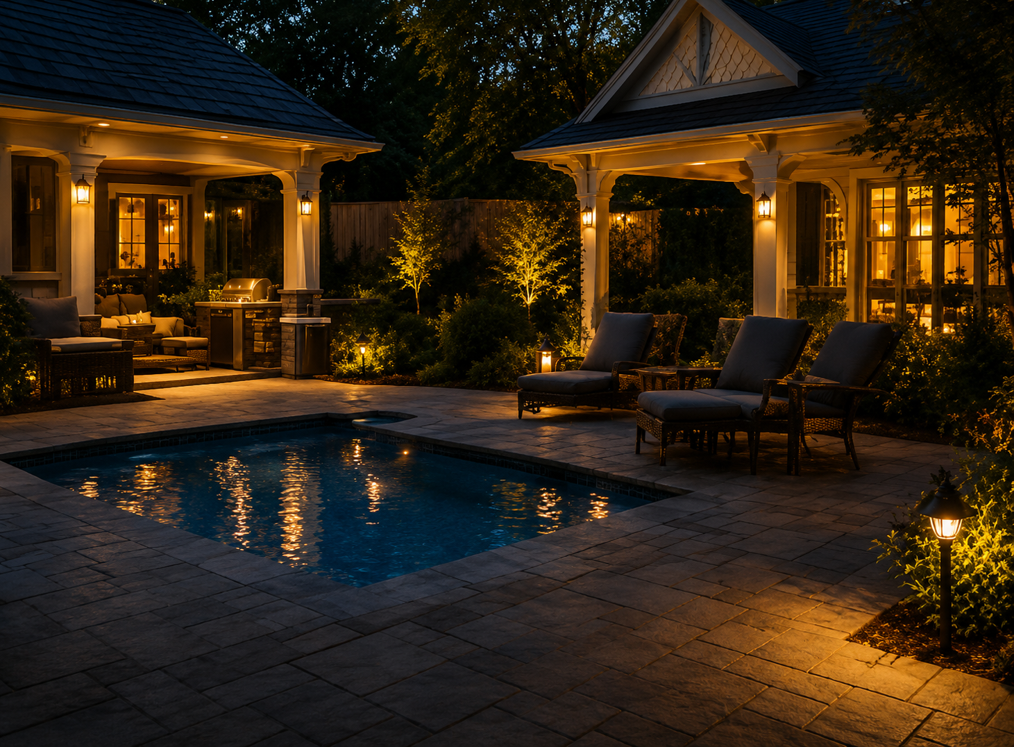 Lit backyard patio with a swimming pool, lounge chairs, and warm house lights at dusk