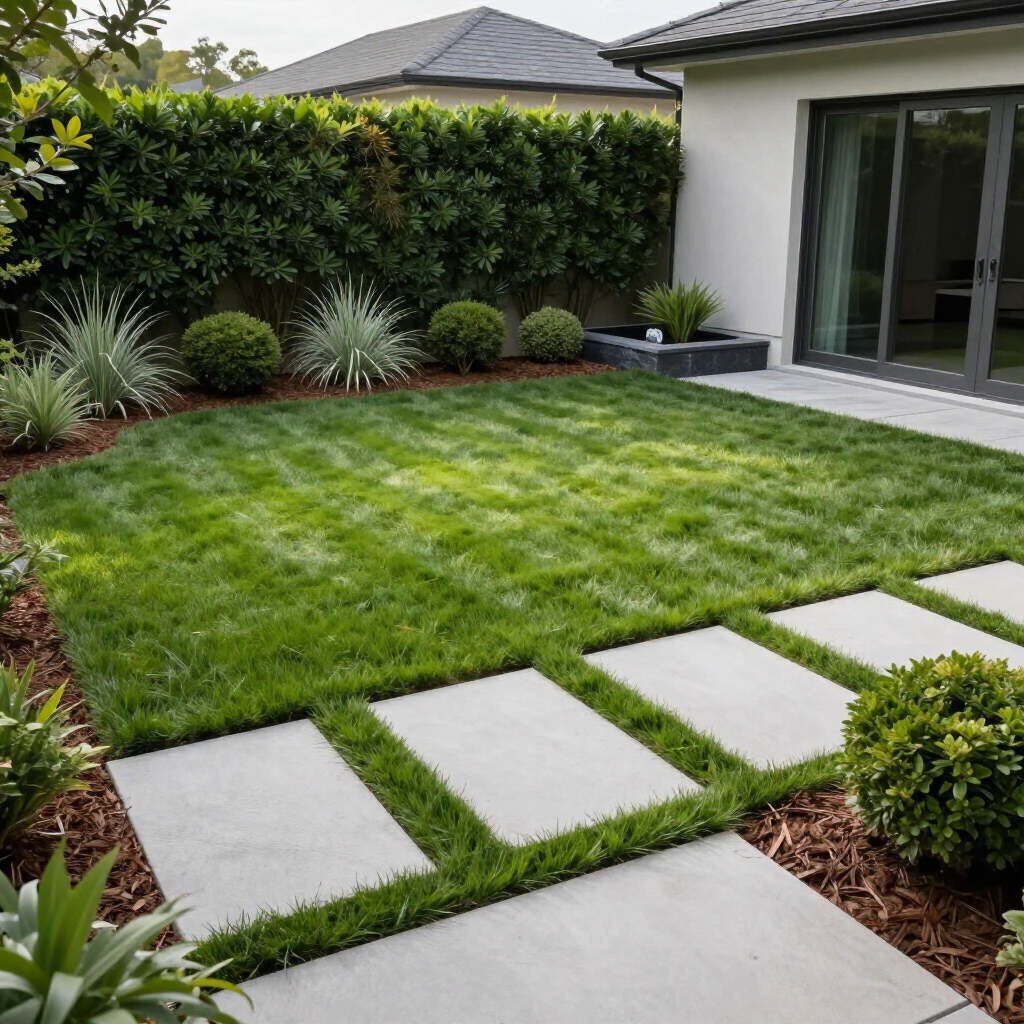 Modern backyard with green lawn, stepping stones, and landscaped shrubs beside a house patio.