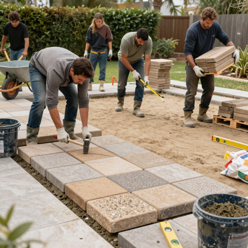 Workers laying stone pavers in a garden patio, aligning square tiles with tools.