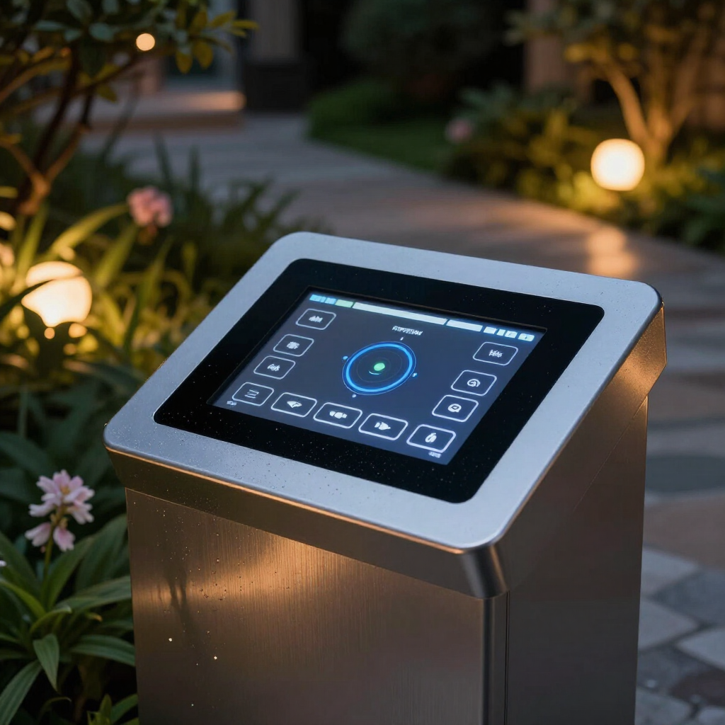Outdoor stainless-steel touchscreen kiosk with glowing display in a landscaped garden at dusk