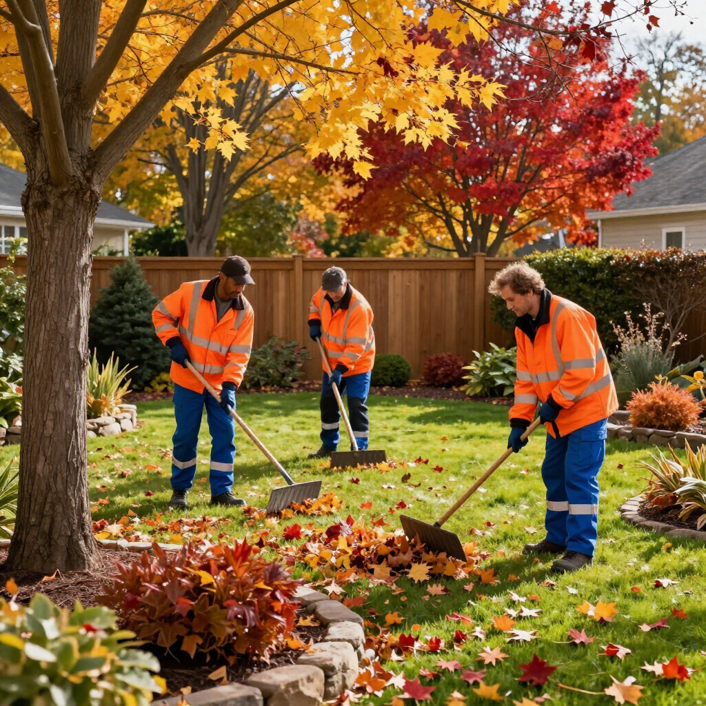 Workers in orange safety vests rake autumn leaves in a suburban yard.