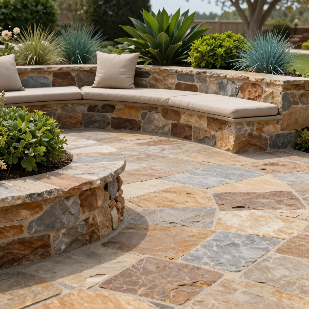 Stone patio with built-in curved bench, beige cushions, and desert plants in a landscaped backyard