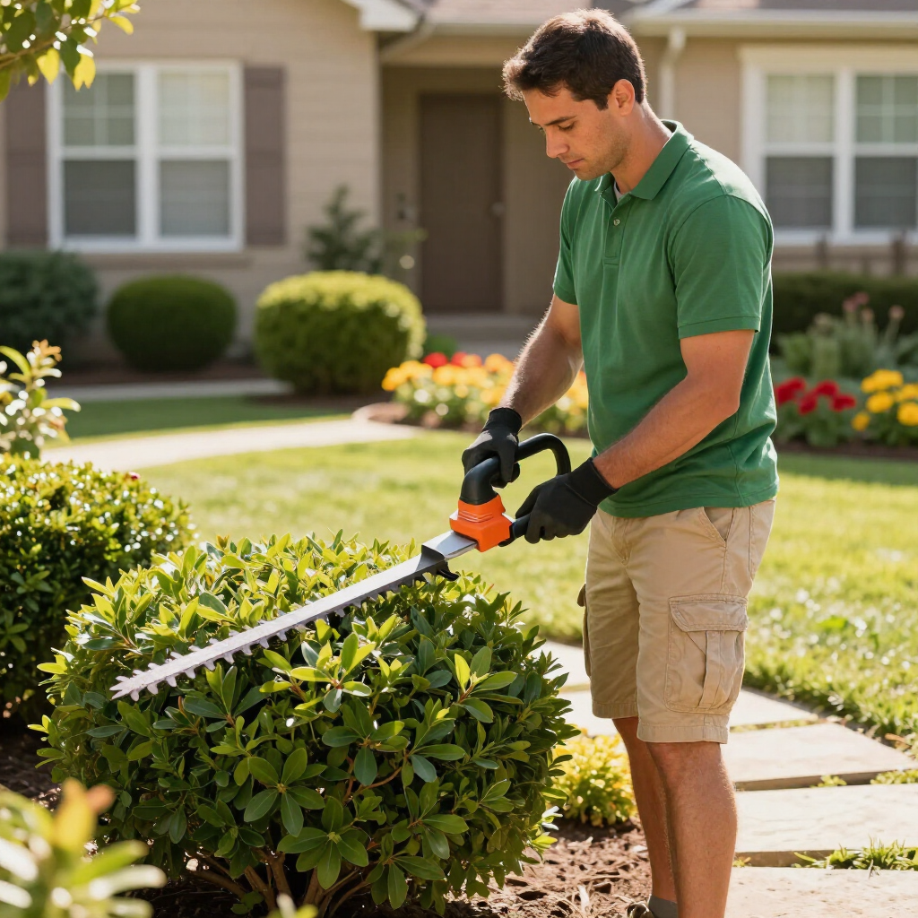 Man trimming a round hedge with electric clippers in a suburban yard