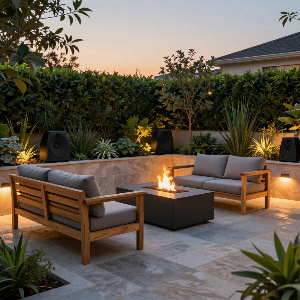 Modern patio with wooden seating, fire pit, and lush garden at sunset