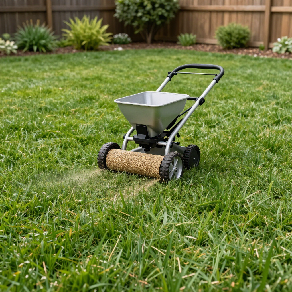 Lawn spreader with a metal hopper on green grass in a backyard garden.