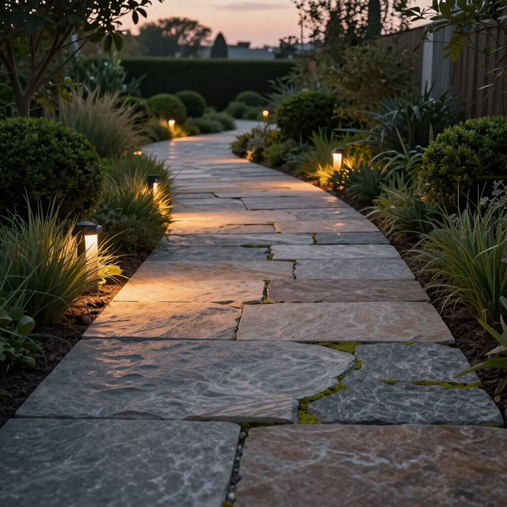 Curved stone garden path lit by small landscape lights at dusk, bordered by lush plants