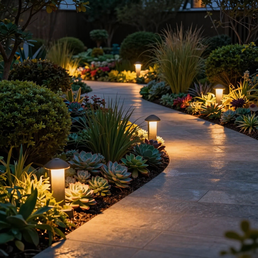 Lit garden walkway with lanterns, lush plants, and warm evening lighting