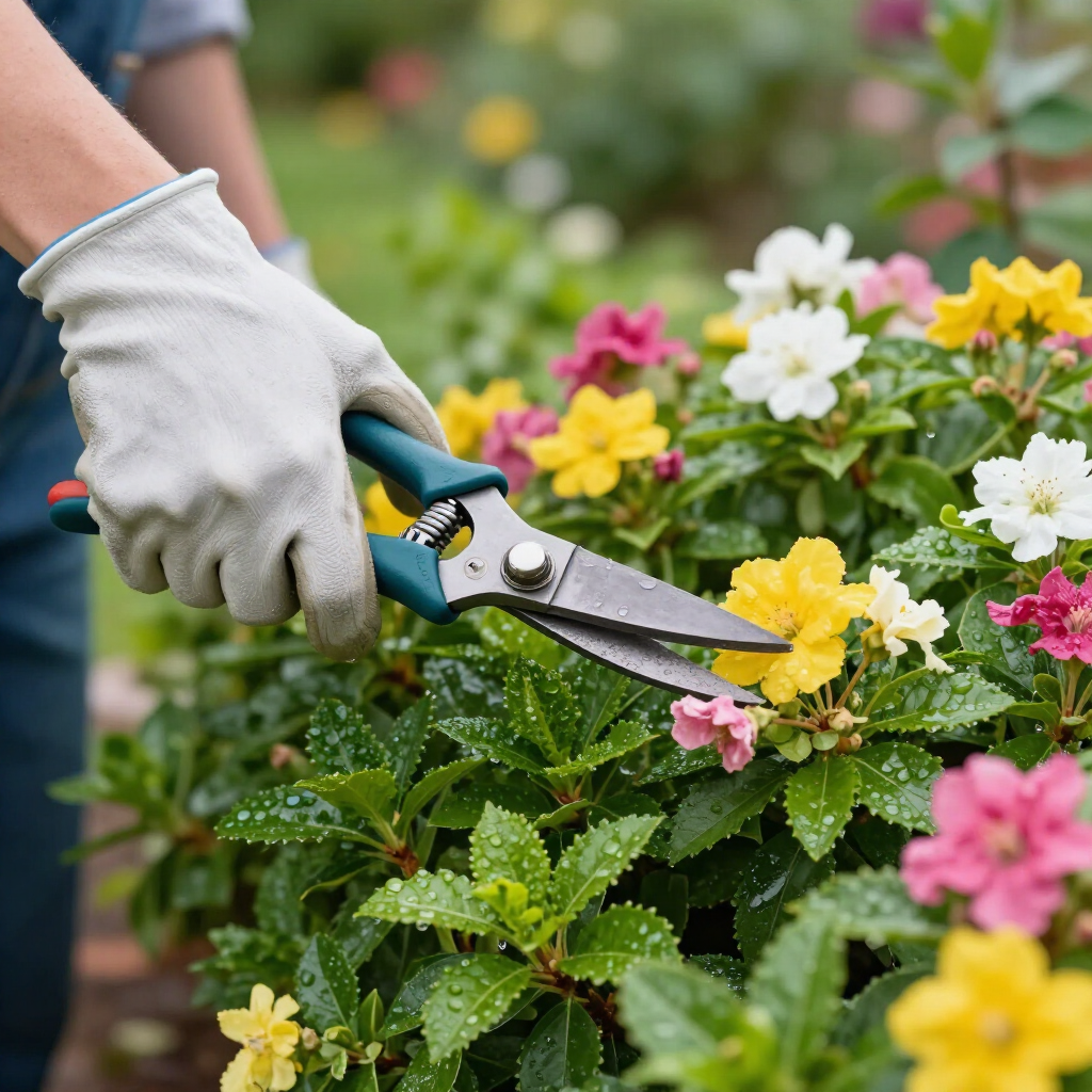 Gloved hands pruning yellow and pink flowers with garden shears in a lush garden bed