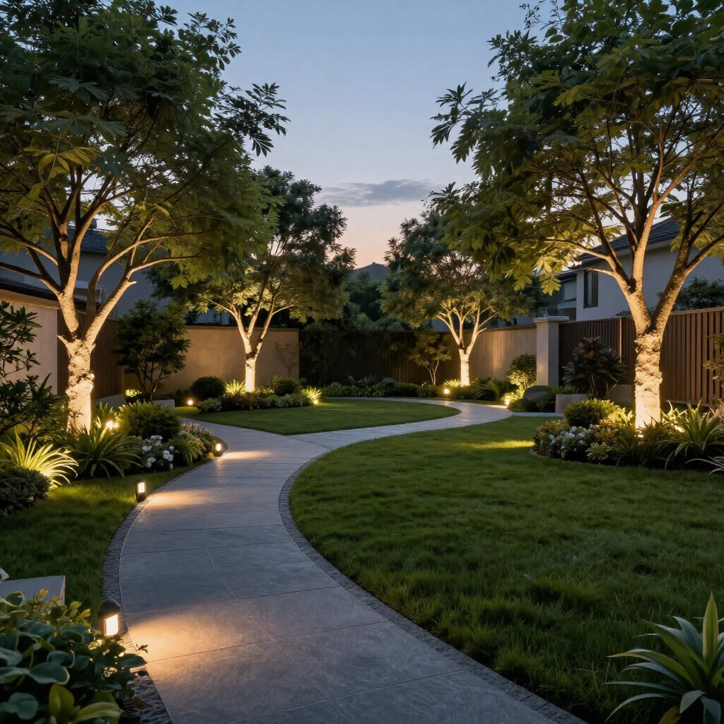 Curved garden path lit by warm lights between lush trees and landscaped lawns at dusk