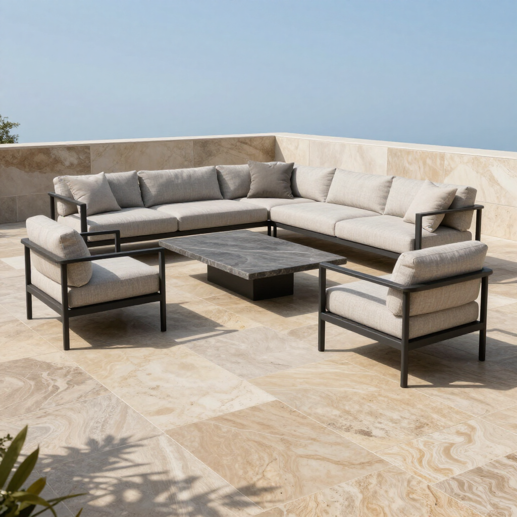 Modern outdoor patio seating set with beige cushions, dark frames, and a low coffee table on a stone terrace