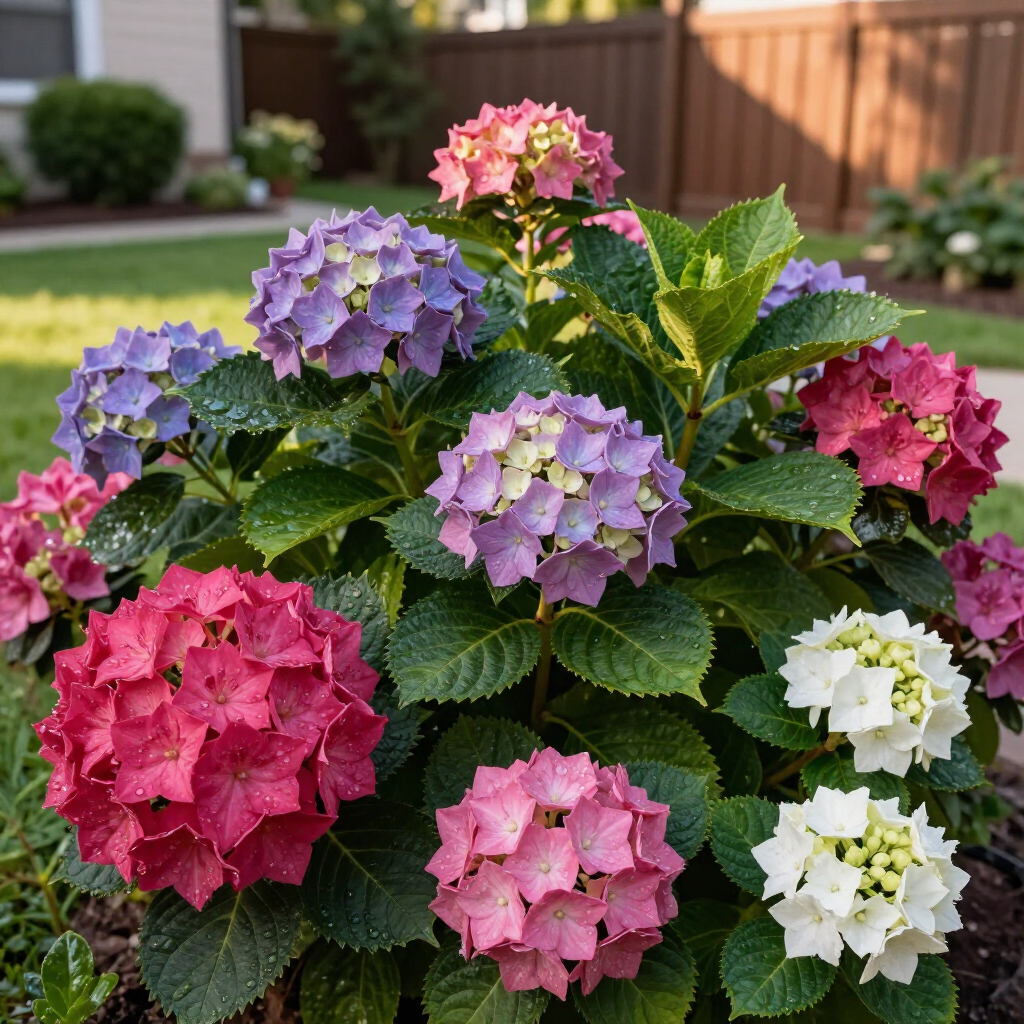Hydrangea bushes with pink, purple, and white blooms in a garden