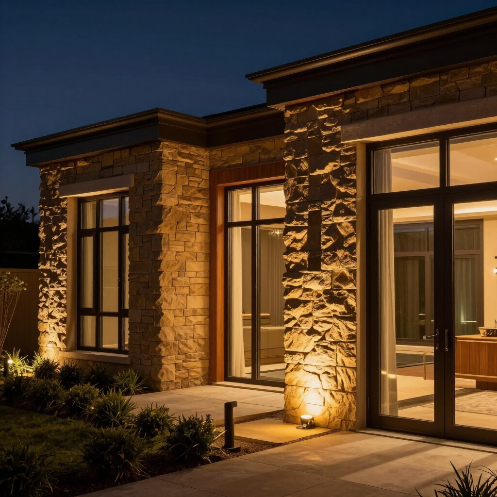 Stone house exterior at dusk with warm lit windows and landscaping along the walkway