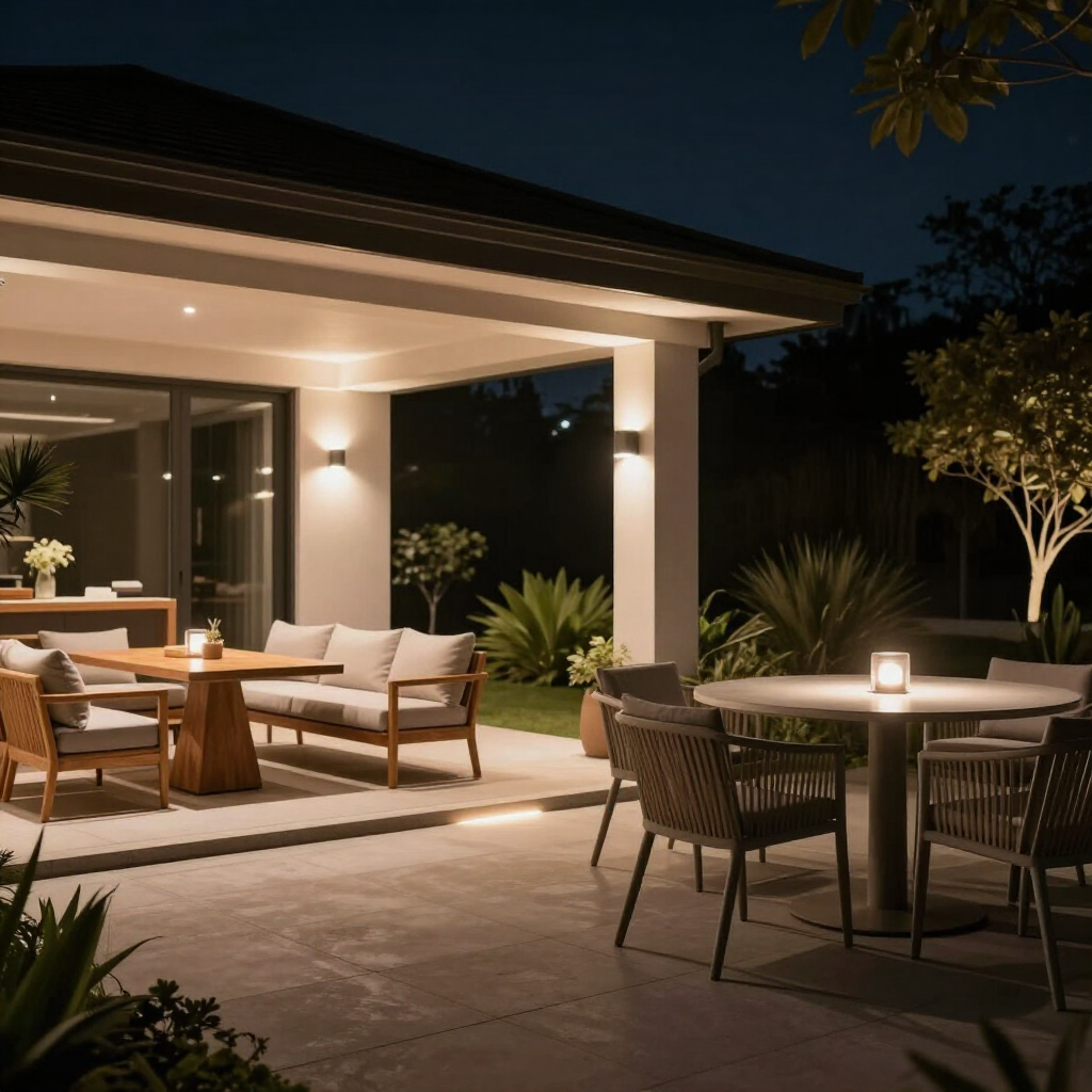 Modern covered patio at night with outdoor seating, warm lights, and a dining table in a landscaped yard