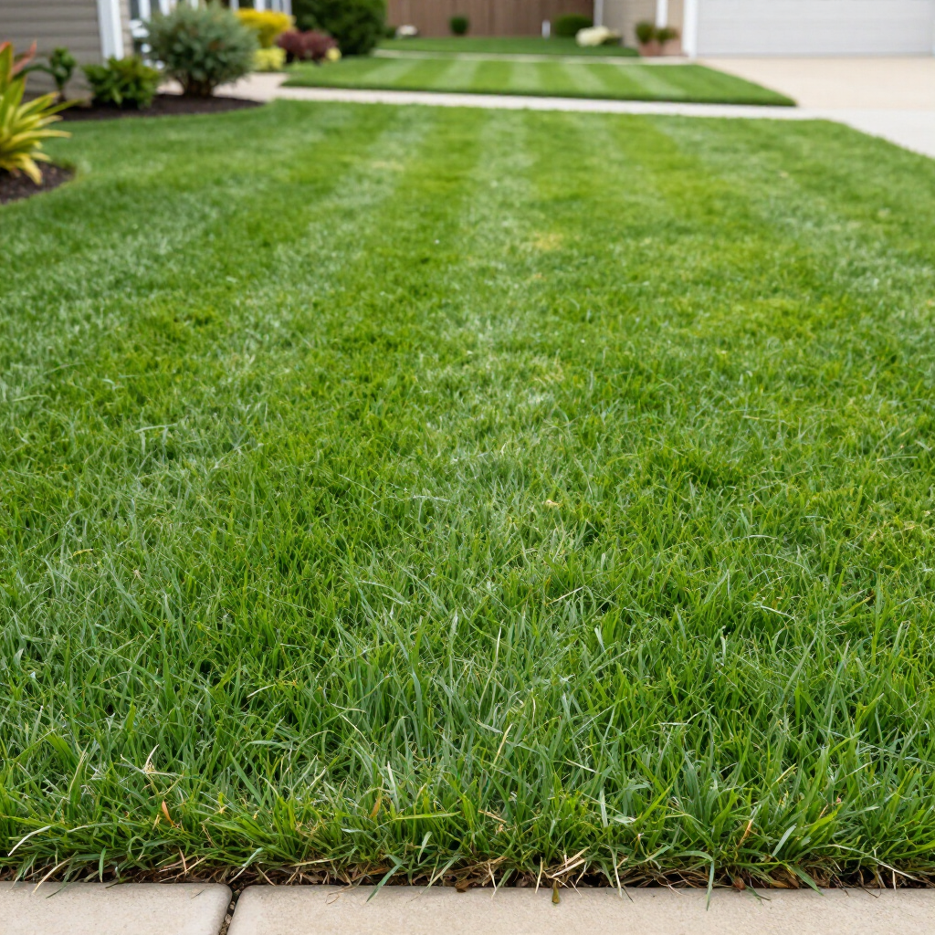 Freshly mowed green lawn in front of a house with landscaping and a driveway