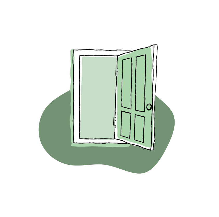 Open green door on a plain background