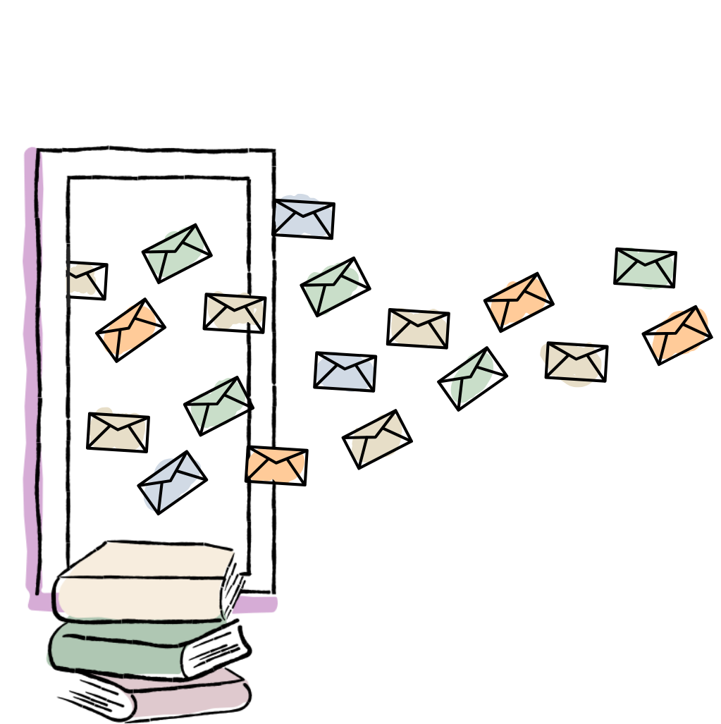 Open door with envelopes flying out, suggesting incoming mail or messages.