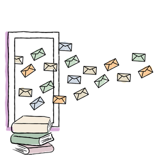 Open door with envelopes flying out, suggesting incoming mail or messages.