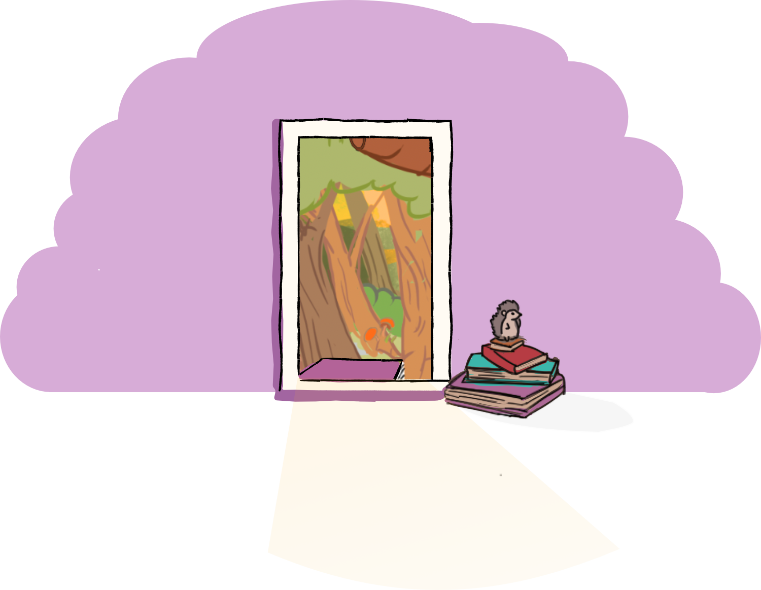 Doorway with purple cloud backdrop, open door to a forest view, and a hedgehog on stacked blankets beside it